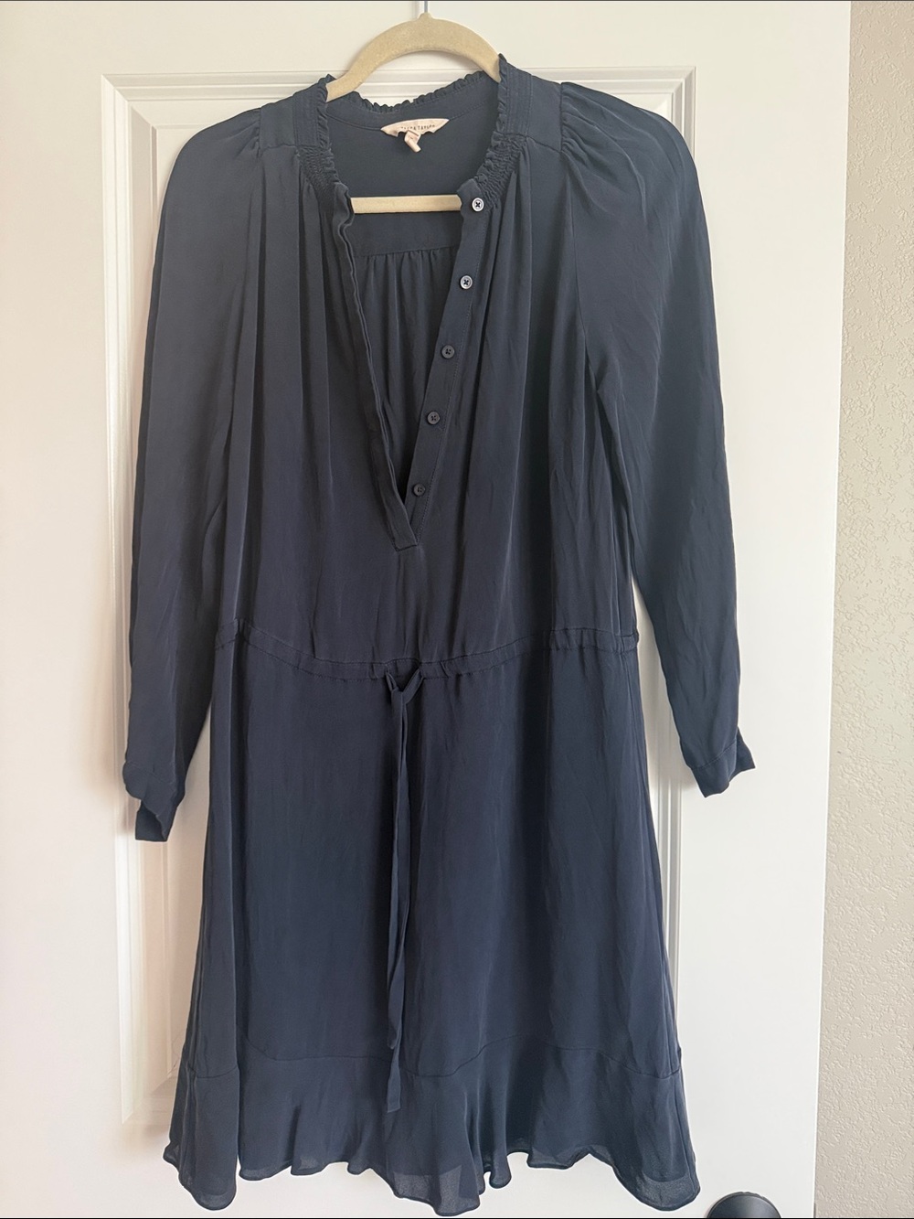 Rebecca Taylor Navy Long-Sleeve Button-Front Tie-Waist Dress